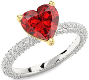 Diamond Ruby Silver & 10K gold Heart Solitaire Pave Engagement Ring