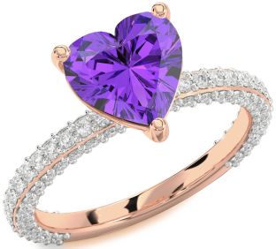 Diamond Amethyst Rose Gold Heart Solitaire Pave Engagement Ring