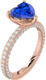 Diamond Blue Sapphire Rose Gold Silver Heart Solitaire Pave Engagement Ring