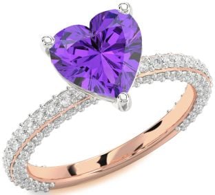Diamond Amethyst Rose Gold Silver Heart Solitaire Pave Engagement Ring