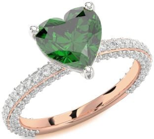 Diamond Emerald Platinum & Rose Gold Heart Solitaire Pave Engagement Ring