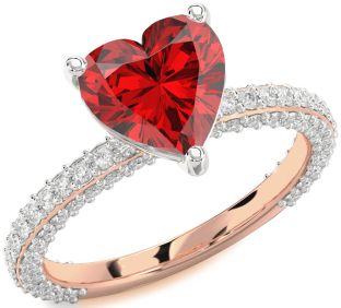 Diamond Ruby White Rose Gold Heart Solitaire Pave Engagement Ring