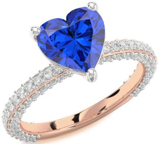 Diamond Blue Sapphire White Rose Gold Heart Solitaire Pave Engagement Ring