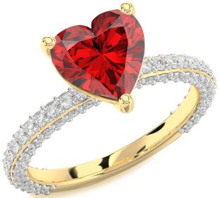 Diamond Ruby Gold Heart Solitaire Pave Engagement Ring