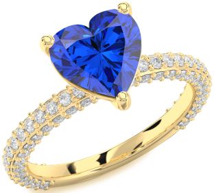 Diamond Blue Sapphire Gold Heart Solitaire Pave Engagement Ring