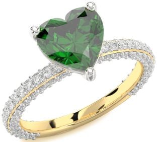 Diamond Emerald Platinum & Yellow Gold Heart Solitaire Pave Engagement Ring