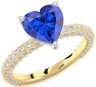 Diamond Blue Sapphire Gold Silver Heart Solitaire Pave Engagement Ring