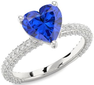 Diamond Blue Sapphire White Gold Heart Solitaire Pave Engagement Ring