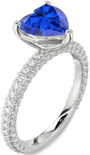 Diamond Blue Sapphire Platinum Heart Solitaire Pave Engagement Ring
