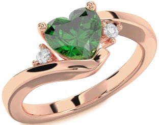 Diamond Emerald Rose Gold Heart Three Stone Engagement Ring