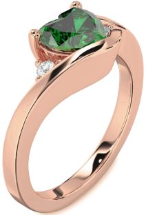 Diamond Emerald Rose Gold Heart Three Stone Engagement Ring