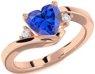 Diamond Blue Sapphire Rose Gold Heart Three Stone Engagement Ring
