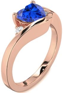 Diamond Blue Sapphire Rose Gold Silver Heart Three Stone Engagement Ring