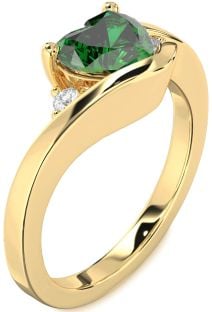 Diamond Emerald Gold Heart Three Stone Engagement Ring