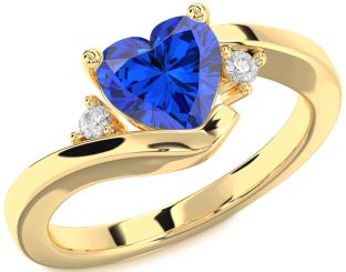 Diamond Blue Sapphire Gold Heart Three Stone Engagement Ring