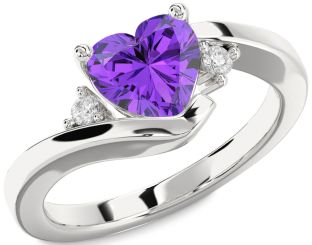 Diamond Amethyst Platinum Heart Three Stone Engagement Ring