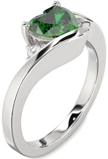 Diamond Emerald White Gold Heart Three Stone Engagement Ring