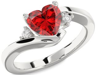 Diamond Ruby Silver Heart Solitaire Engagement Ring
