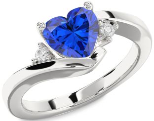 Diamond Blue Sapphire White Gold Heart Three Stone Engagement Ring