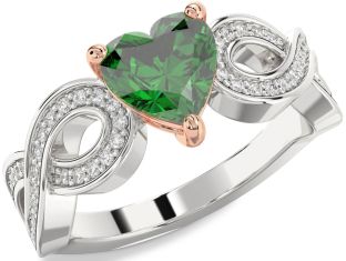 Diamond Emerald Silver & 10K Rose Gold Heart Infinity Engagement Ring