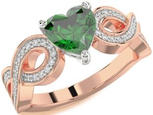 Diamond Emerald Platinum & Rose Gold Heart Infinity Engagement Ring