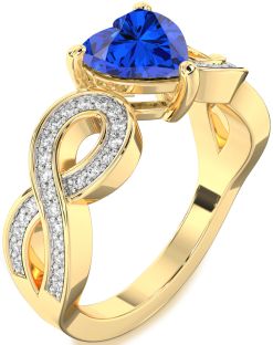 Diamond Blue Sapphire Gold Heart Infinity Solitaire Engagement Ring