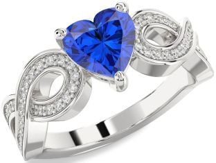 Diamond Blue Sapphire White Gold Heart Infinity Solitaire Engagement Ring