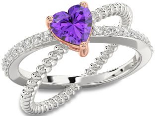 Diamond Amethyst Platinum & Rose Gold Heart Solitaire Pave Engagement Ring