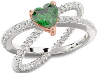 Diamond Emerald Platinum & Rose Gold Heart Solitaire Engagement Ring