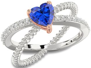 Diamond Blue Sapphire Rose Gold Silver Heart Solitaire Pave Engagement Ring