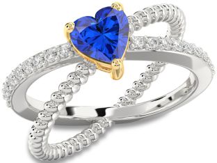 Diamond Blue Sapphire Gold Silver Heart Solitaire Pave Engagement Ring