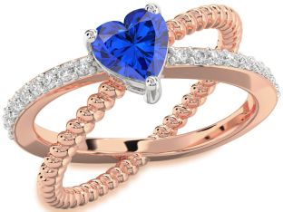 Diamond Blue Sapphire Rose Gold Silver Heart Solitaire Pave Engagement Ring