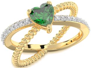 Diamond Emerald Gold Heart Solitaire Engagement Ring