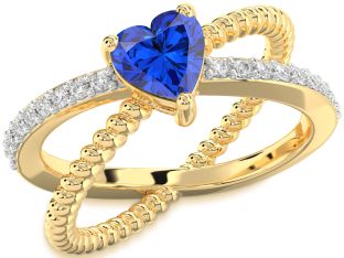 Diamond Blue Sapphire Gold Heart Solitaire Pave Engagement Ring