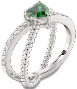 Diamond Emerald White Gold Heart Solitaire Pave Engagement Ring