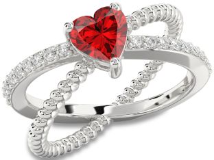 Diamond Ruby Silver Heart Solitaire Engagement Ring