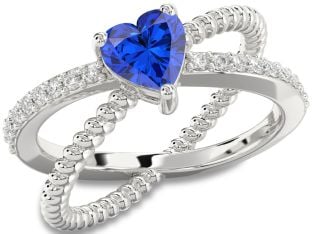 Diamond Blue Sapphire White Gold Heart Solitaire Pave Engagement Ring