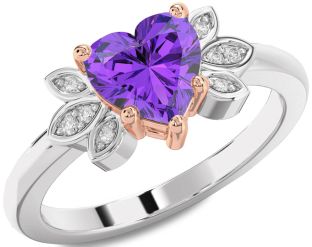 Diamond Amethyst Platinum & Rose Gold Heart Solitaire Engagement Ring