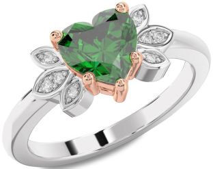 Diamond Emerald Silver & 10K Rose Gold Heart Solitaire Engagement Ring