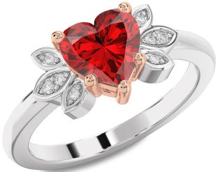 Diamond Ruby Silver & 10K Rose Gold Heart Solitaire Engagement Ring