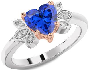 Diamond Blue Sapphire Rose Gold Silver Heart Solitaire Engagement Ring