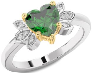 Diamond Emerald Silver & 10K gold Heart Solitaire Engagement Ring