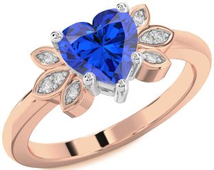 Diamond Blue Sapphire Rose Gold Silver Heart Solitaire Engagement Ring