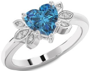 Blue Diamond Silver Heart Solitaire Engagement Ring