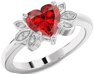 Diamond Ruby Silver Heart Solitaire Engagement Ring
