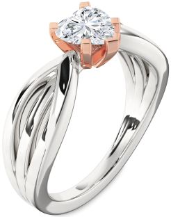 Diamond Silver & 10K Rose Gold Heart Solitaire Engagement Ring