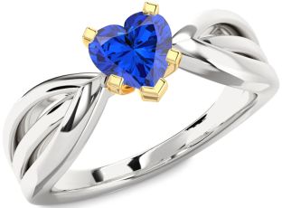 Blue Sapphire Silver & 10K gold Heart Solitaire Engagement Ring
