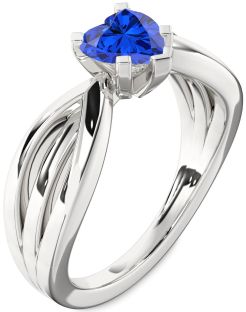 Blue Sapphire Silver Heart Solitaire Engagement Ring