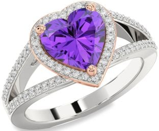 Diamond Amethyst Platinum & Rose Gold Heart Halo Pave Engagement Ring