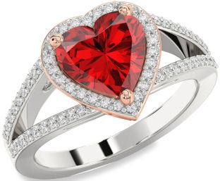 Diamond Ruby White Rose Gold Heart Halo Solitaire Pave Engagement Ring